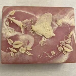 Rare Vintage Pink Incolay Trinket Jewelry Box 1974 Butterfly Flowers